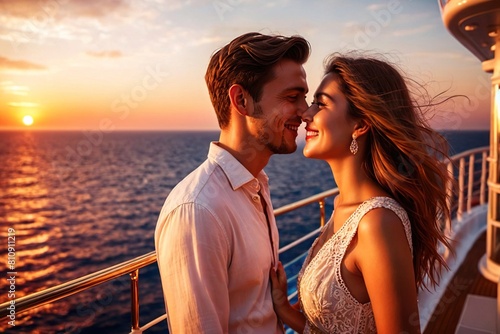 Romantic young couple in love  on a cruise ship at sunset