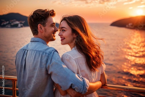 Romantic young couple in love, on a cruise ship at sunset