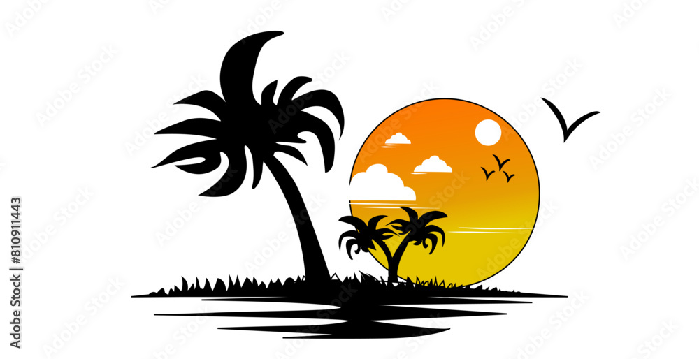 Naklejka premium Scenary, Natural scenary .Natural view, view of nature, vector scenary, palm, beach, tree, summer, tropical, sun, island,
