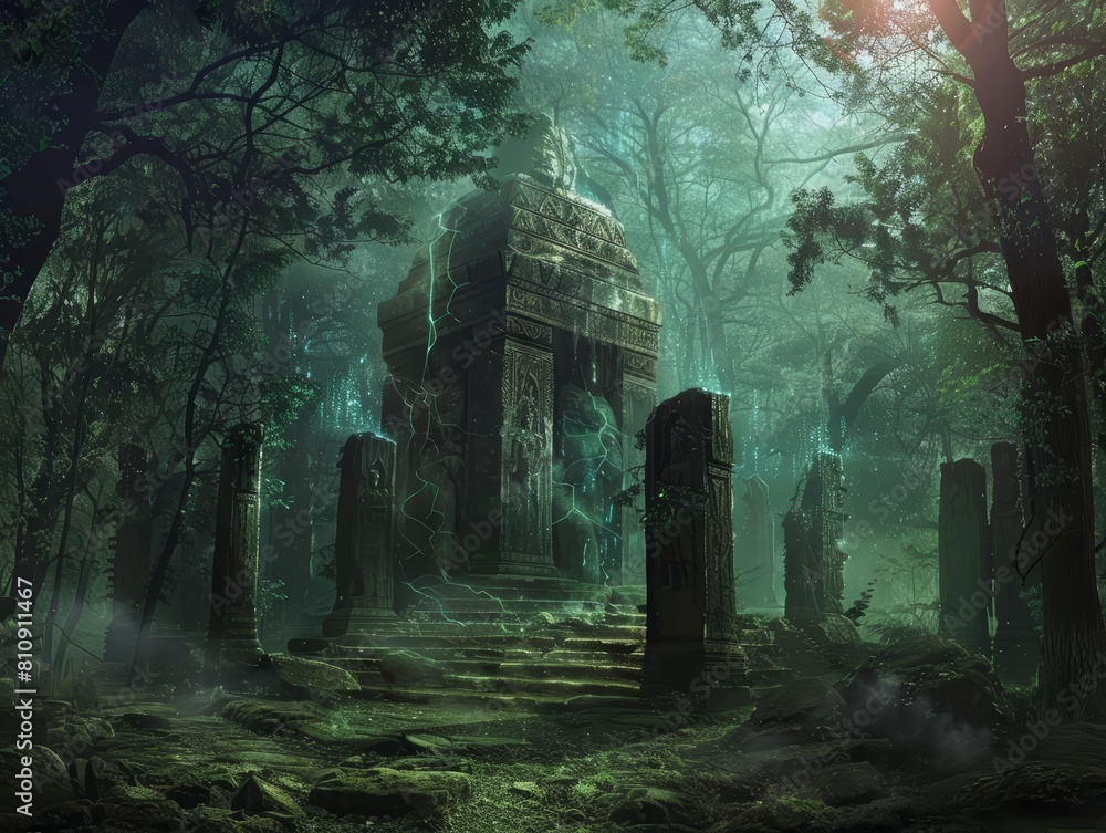 In an ancient forest where time stands still, a forgotten temple, shrouded in mist, serves as a portal to other dimensions, enhanced by futuristic holographic runes