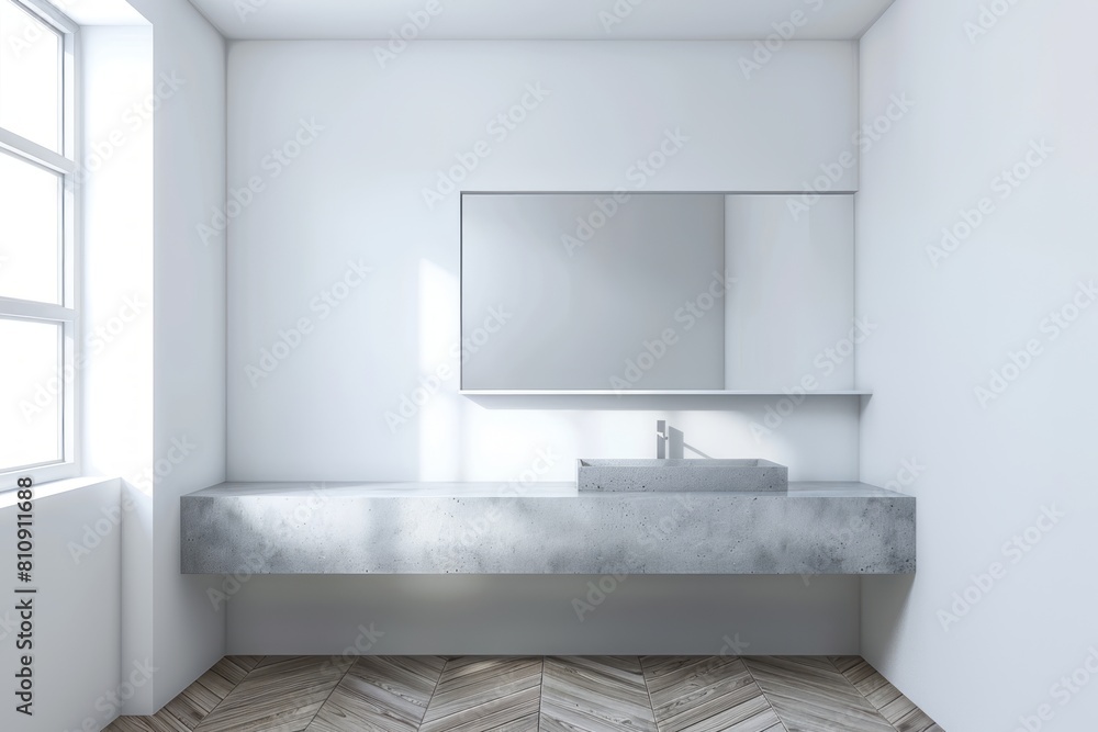 A modern minimalist bathroom with a concrete counter top, grey sink and mirror above it. The wall is white A modern minimalist bathroom with a concrete counter top, grey sink and mirror above it. The wall is white