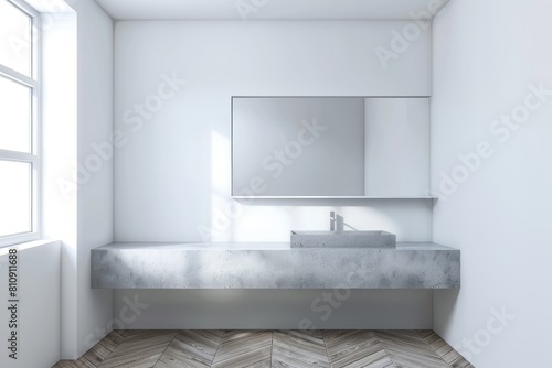 A modern minimalist bathroom with a concrete counter top  grey sink and mirror above it. The wall is white