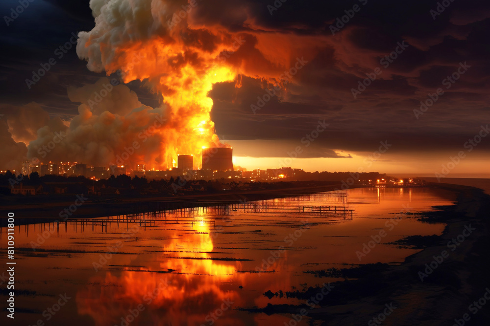 Explosion Nuclear power plant man-made disaster, environmental pollution. Nuclear reactor waste. AI generated.