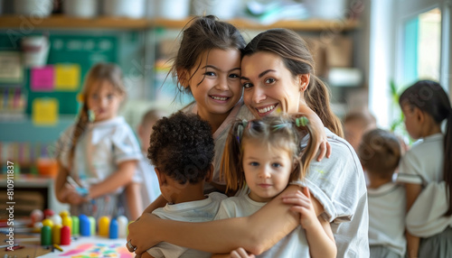 showing a parent volunteering in a classroom  helping a group of children with an art project  demonstrating hands-on involvement in education  Embracing  Support  Mother  Parents 