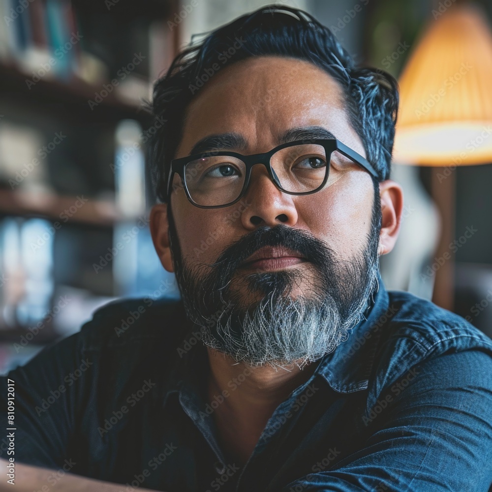 A Bearded Man with Glasses Contemplates in a Library Fictional Character Created By Generative AI. A Bearded Man with Glasses Contemplates in a Library Fictional Character Created By Generative AI.
