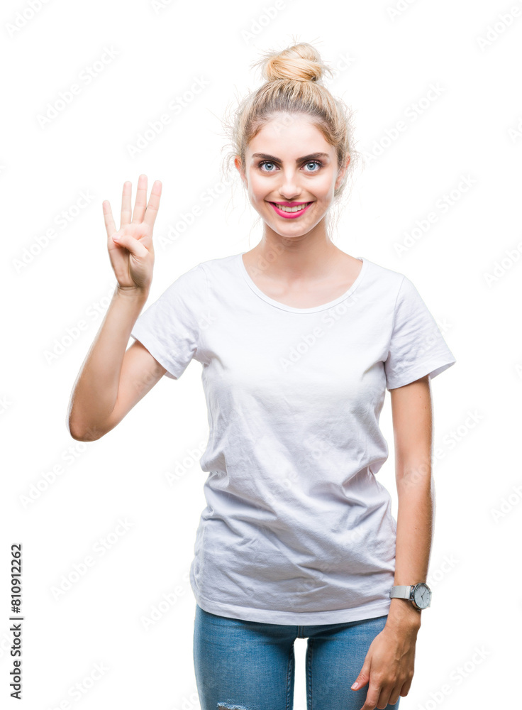 Fototapeta premium Young beautiful blonde woman wearing white t-shirt over isolated background showing and pointing up with fingers number four while smiling confident and happy.