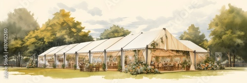 Illustration Wedding tent for a summer wedding celebration in nature, a tent surrounded by flowers, banner