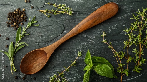 Close-up of a wooden spoon on a gray slate background, surrounded by a collection of herbs, ample copy space, isolated background, studio-lit