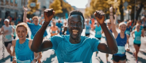 An enthusiastic group of people participating in a marathon. A wide shot of diverse race runners celebrating their victory and achieving their goal.