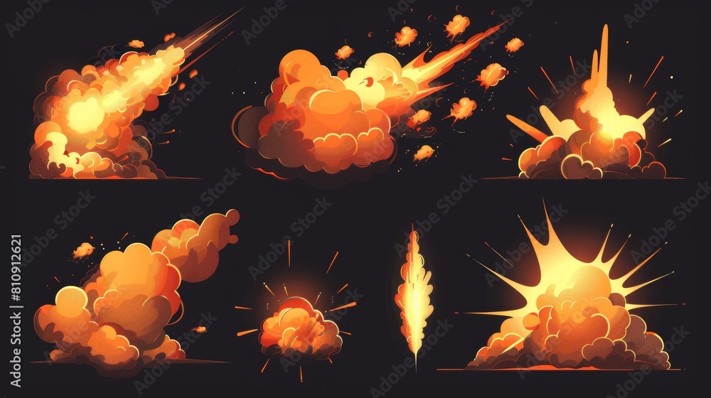 Modern set of comic explosive fire cloud game effect modern ...