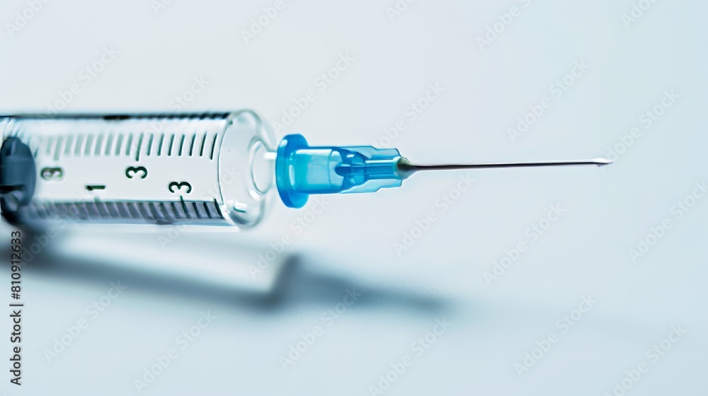 Close-up of a syringe with a distinctive blue needle, isolated on a white background, perfectly lit in a studio Close-up of a syringe with a distinctive blue needle, isolated on a white background, perfectly lit in a studio