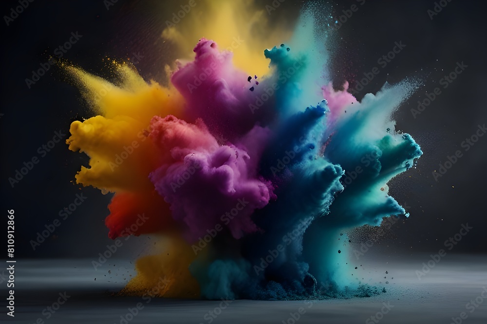 Explosion splash of colorful powder with freeze dark background, abstract splatter of colored dust powder.