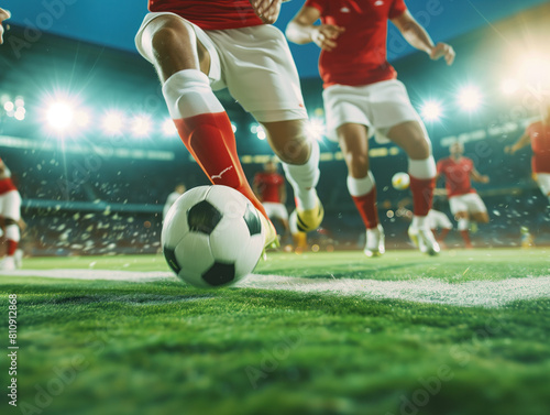 A thrilling football sequence with rival soccer players in a stadium  captured in an exciting close-up.