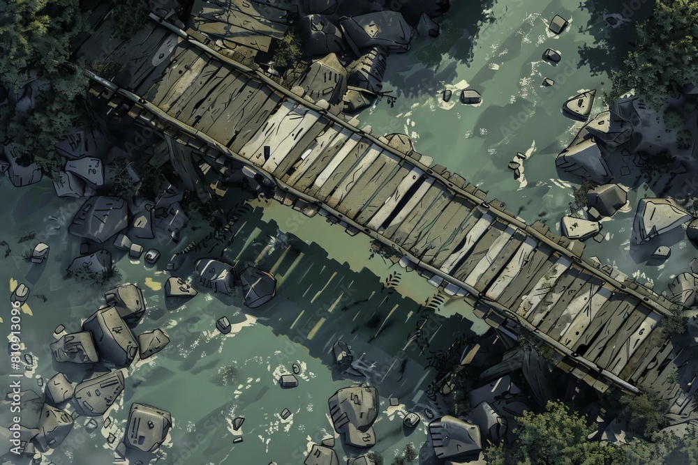 DnD Battlemap bridge, collapsed, scene, ruined, disaster, destruction DnD Battlemap bridge, collapsed, scene, ruined, disaster, destruction