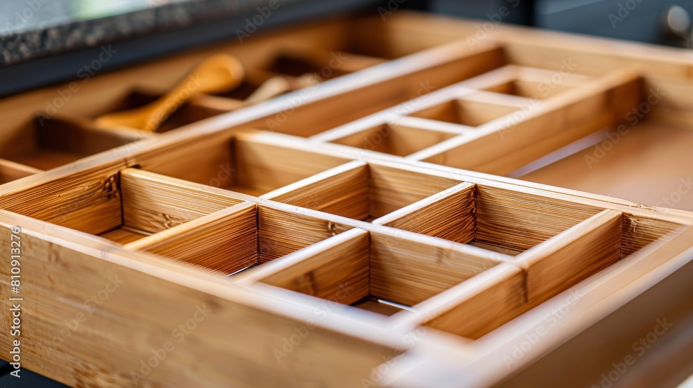 Close-up of a perfectly organized empty drawer, wooden dividers neatly sectioning the space, showcasing detailed craftsmanship Close-up of a perfectly organized empty drawer, wooden dividers neatly sectioning the space, showcasing detailed craftsmanship