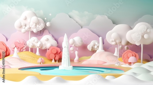 Mystery landscape of a hidden geyser field, visualized in paper art styles, evoking a sense of wonder and discovery, kawaii template sharpen with copy space