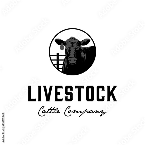Black angus cow in circle frame with classic style design