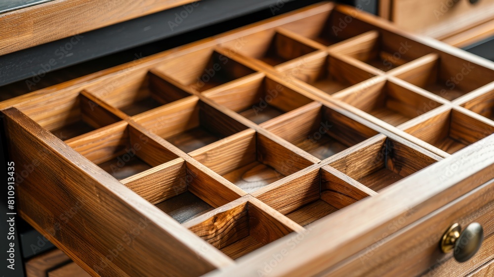 Close-up of a perfectly organized empty drawer, wooden dividers neatly sectioning the space, showcasing detailed craftsmanship Close-up of a perfectly organized empty drawer, wooden dividers neatly sectioning the space, showcasing detailed craftsmanship