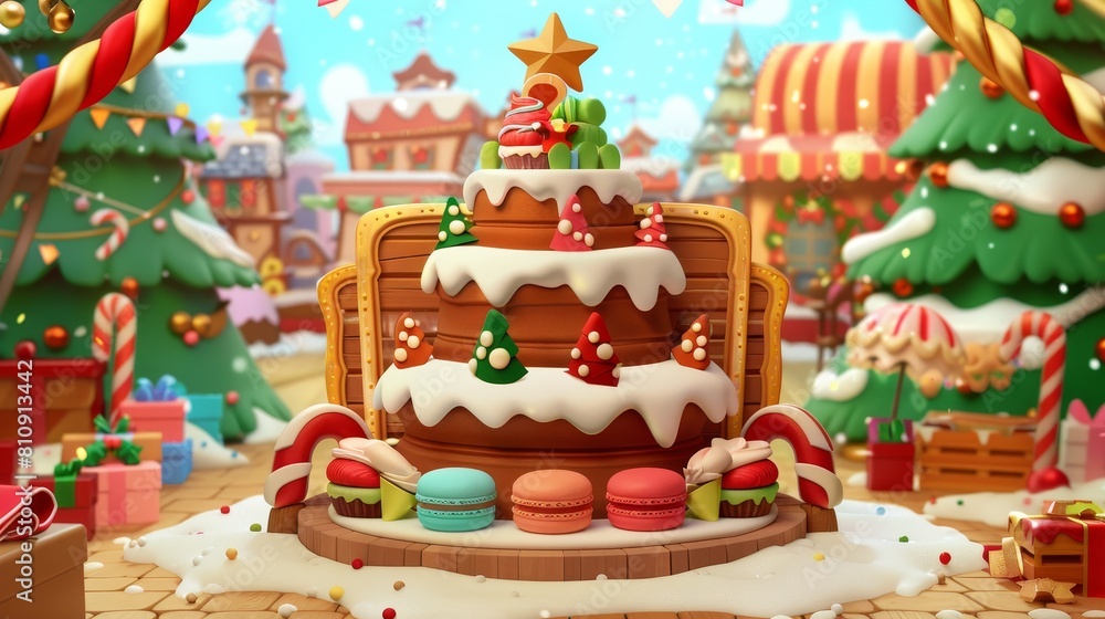 The Christmas sale is in the game shop. UI frame with a wooden signboard and badges of cakes, macarons and waffles. Banner for game store with holiday decorations. Modern cartoon illustration.