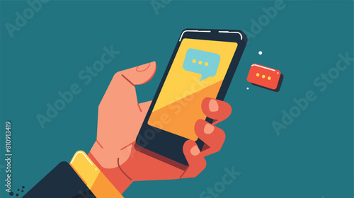 Hand holding phone with open messenger. Sending messa photo