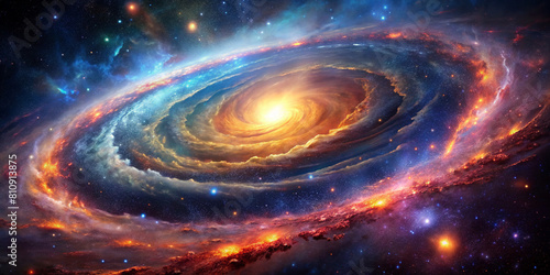 Vibrant Photorealistic Galaxy with Swirling Nebulae and Spark Abstract Background