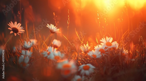 white daisy blooms in a field  with the focus on the setting sun. The grassy meadow is blurred  creating a warm golden hour effect during sunset and sunrise time