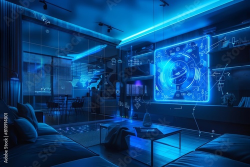 Photo of a smart home system with hologram, glowing with cool blue tones, in a modern apartment, banner concept