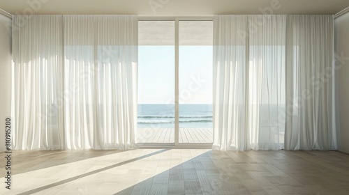 Empty room in luxury summer beach house with sea view behind curtains. Interior design with neutral color material. Minimal natural aesthetic background. Quiet luxury