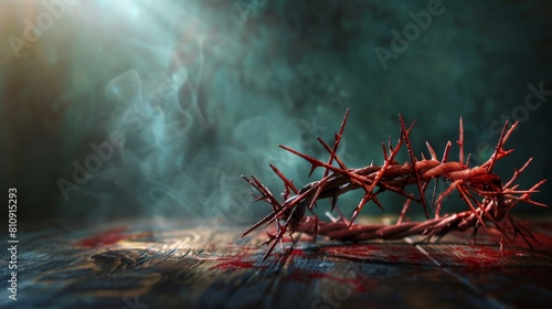 Brightly lit close-up of a Christian crown of thorns containing metal nails, lying on a wooden desk, isolated background, studio lighting photo