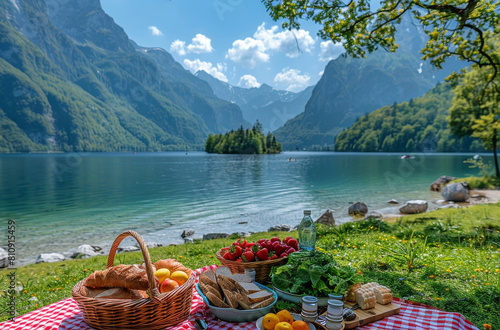 Generative ai illustration of a picnic setup on the grassy shoresof a Lake photo