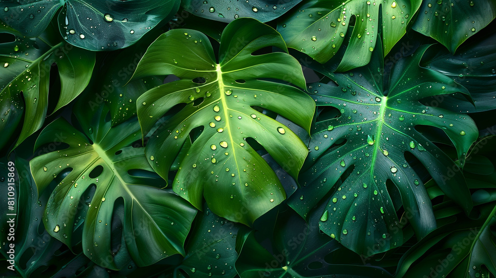 Obraz premium Tropical monstera leaves with water drops on dark green background