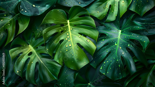 Tropical monstera leaves with water drops on dark green background