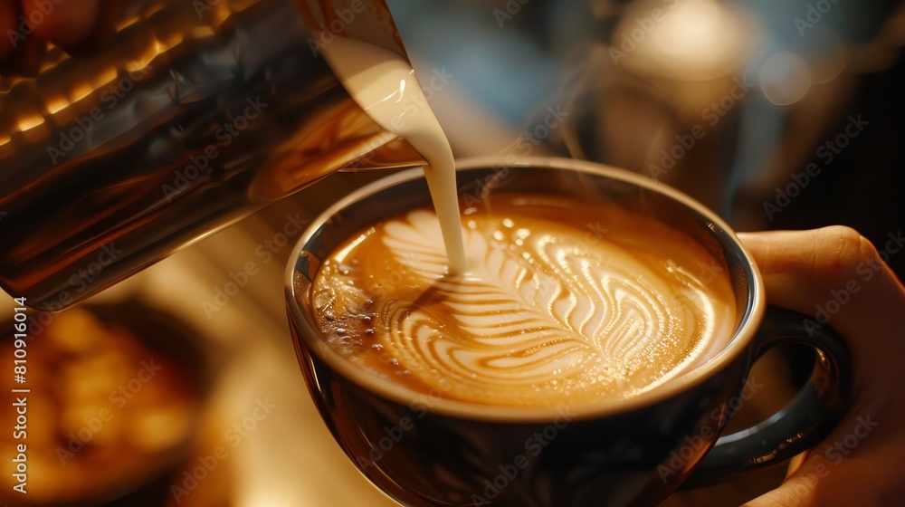 A barista skillfully pours steamed milk into a latte, creating an intricate leaf pattern, the warm cafe ambiance reflected in the creamy surface A barista skillfully pours steamed milk into a latte, creating an intricate leaf pattern, the warm cafe ambiance reflected in the creamy surface