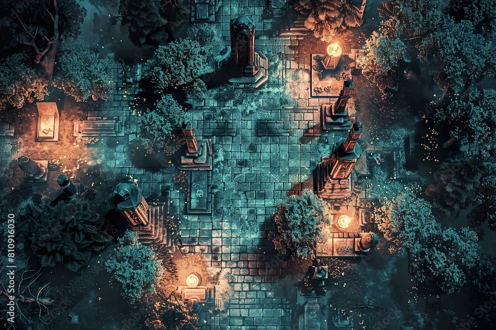 DnD Battlemap moonlit, graveyard, eerie, night, tombstones, trees