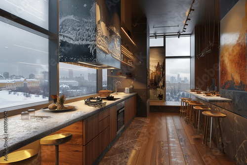 A contemporary Moscow apartment kitchen, where luxury meets tradition, featuring Siberian wooden floor accents, modern Russian art, and panoramic windows overlooking the snowy cityscape. © artist