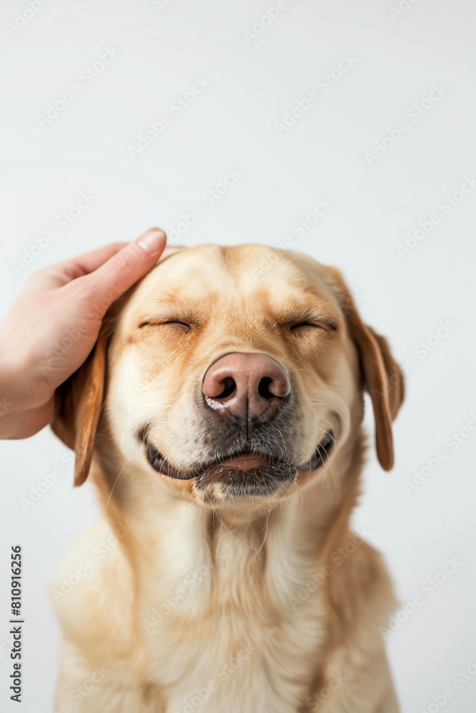 A Labrador retriever receiving head pats, eyes closed and smiling blissfully, centered composition on a bright white background A Labrador retriever receiving head pats, eyes closed and smiling blissfully, centered composition on a bright white background