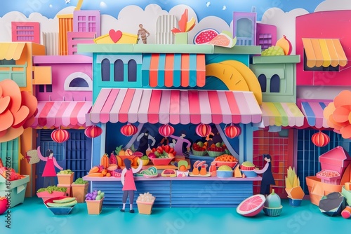 Trendy art paper collage design of a bustling street food market, crafted in paper art styles with cyber color and a kawaii template sharpen with copy space