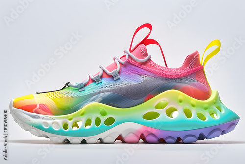 Futuristic and colorful sneaker with neon accents mock up isolated on white background 