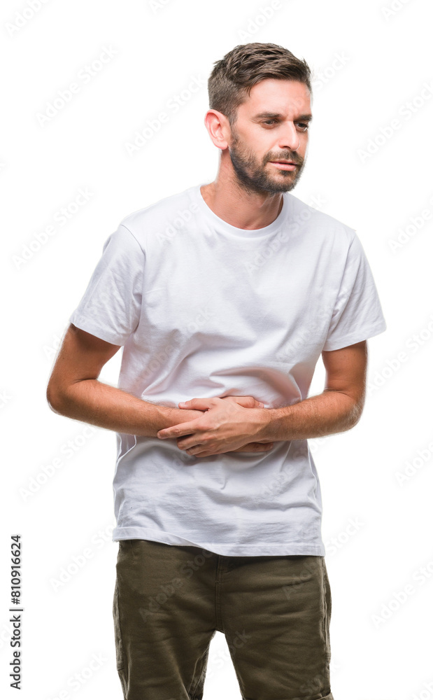 Young handsome man over isolated background with hand on stomach because nausea, painful disease feeling unwell. Ache concept. Young handsome man over isolated background with hand on stomach because nausea, painful disease feeling unwell. Ache concept.