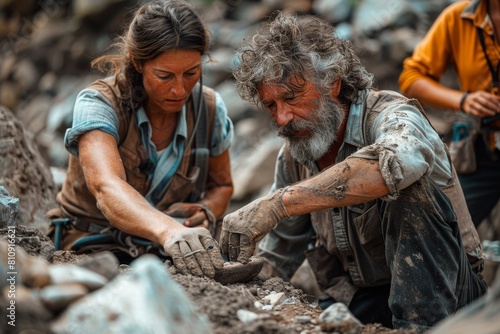 Two archaeologists with focused attention examining and discussing findings while working at a historical excavation site