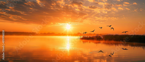 Soothing sunset over peaceful lake with silhouette of birds in the distance, creating a tranquil scene. photo
