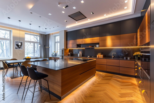 A contemporary Warsaw apartment kitchen  with polished oak wooden floors  modern European cabinetry  minimalist decor  and smart home technology  reflecting Polanda  s blend of history and modernity.