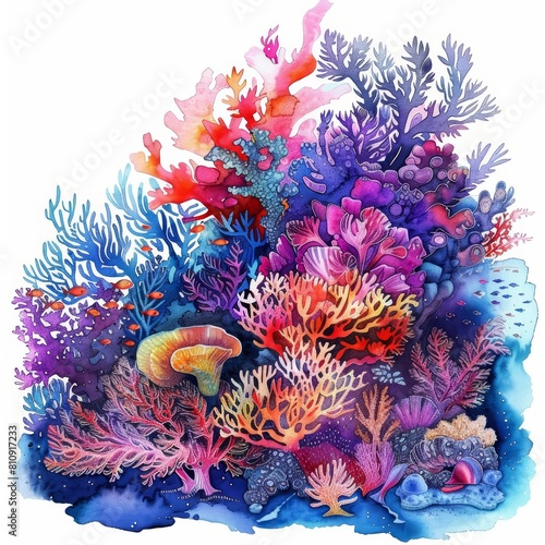 Watercolor of an intricate coral reef  showcasing the vivid colors and aquatic life in cyberpunk styles  clipart kawaii watercolor on white background