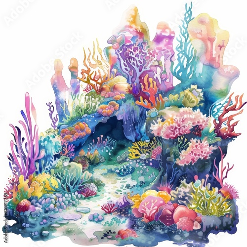Watercolor of an intricate coral reef, showcasing the vivid colors and aquatic life in cyberpunk styles, clipart kawaii watercolor on white background