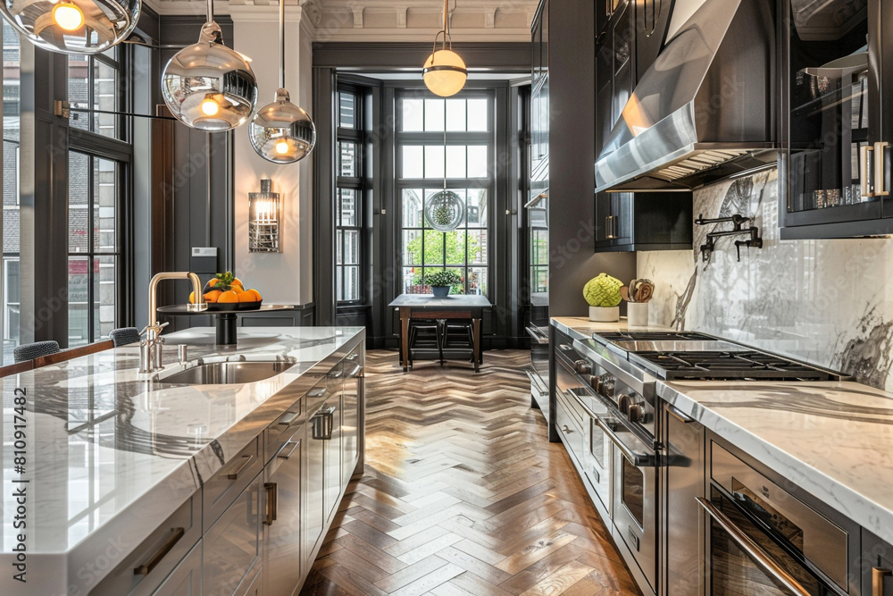 An upscale New York loft-style kitchen, with polished herringbone wooden floors, marble countertops, high-gloss cabinetry, and industrial metal accents, illuminated by chic, modern pendant lights.
