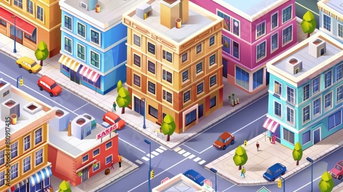 Cartoon modern shop building with urban skyscrapers view. Isometric apartment illustration near tram in town with nobody. Retro game architecture 2D graphic wallpaper.