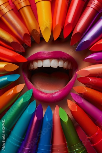 Rainbowhued lipsticks encircle a smiling mouth, arranged in a fanlike pattern against a multicolored background, symbolizing bold selfexpression photo