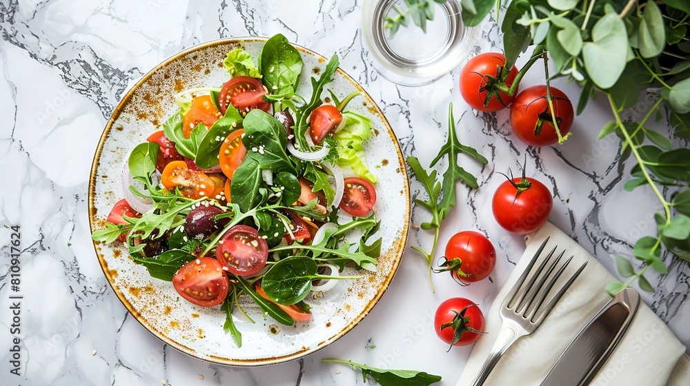Green salad on a white plate with a golden border Green salad on a white plate with a golden border