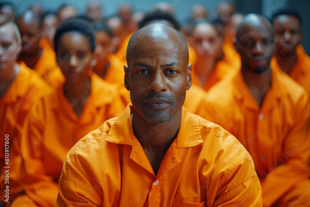 Man with a strong presence in an orange jumpsuit focuses intently, surrounded by a crowd in similar attire Man with a strong presence in an orange jumpsuit focuses intently, surrounded by a crowd in similar attire
