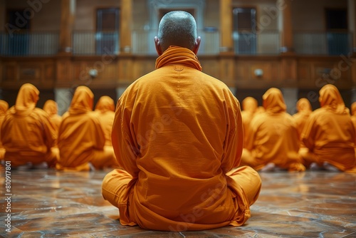 A monk in a bright orange robe is meditating in a temple hall surrounded by other monks in a uniform pose